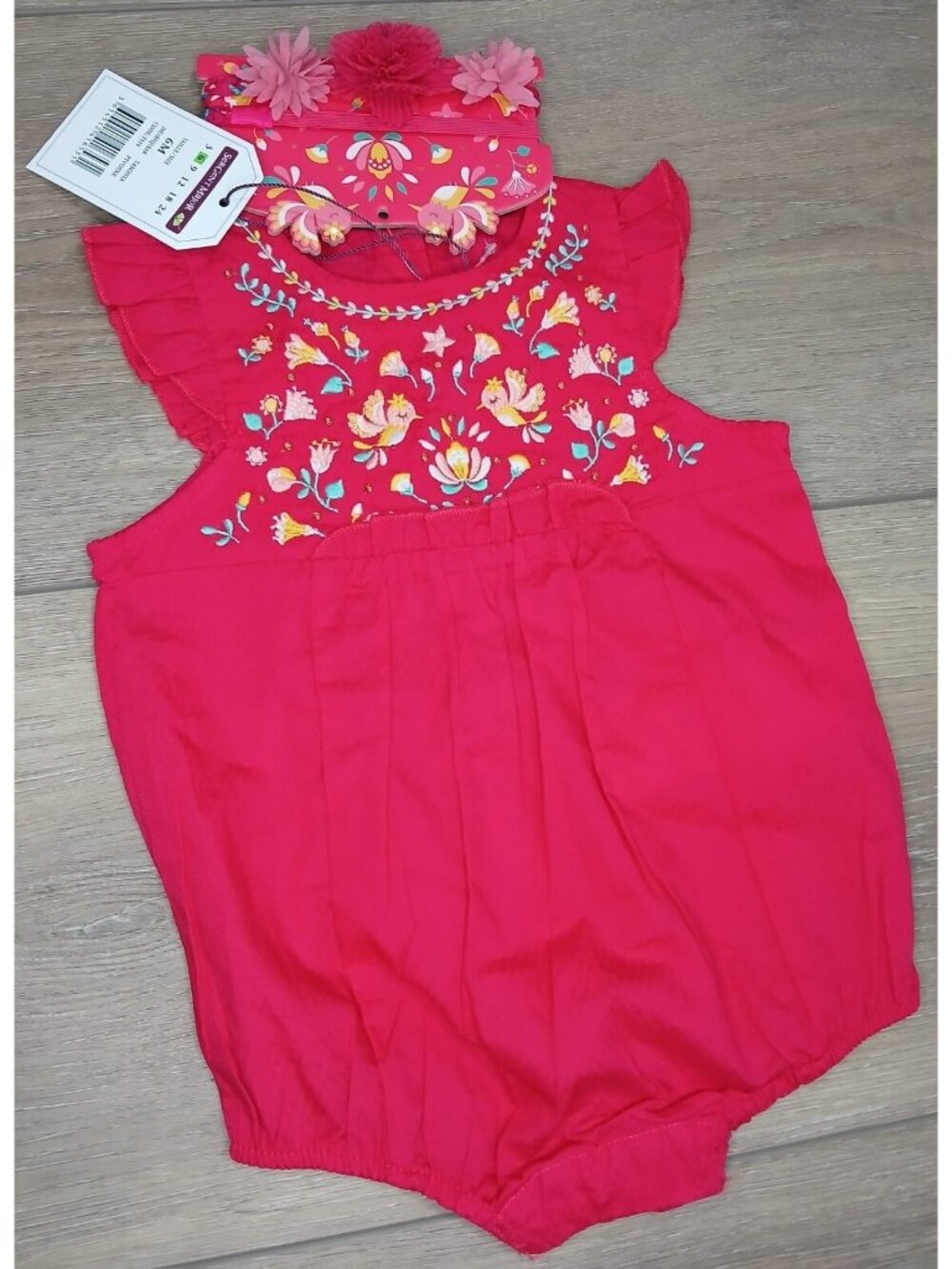 Sergent Major Red Floral Romper Matching Floral Headband Embroidered Bird Flower